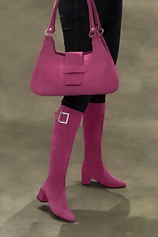 Fuschia pink women's feminine knee-high boots. Square toe. Medium block heels. Made to measure. Worn view - Florence KOOIJMAN